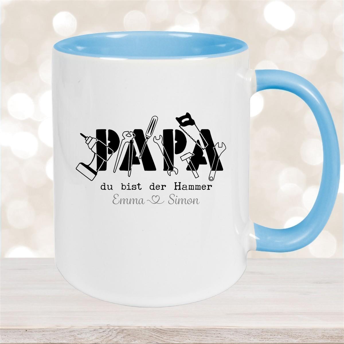 Tasse Vatertag 9 Papa, "Du bist der Hammer" Wunschnamen Keramik Personalisiert versch. Farben