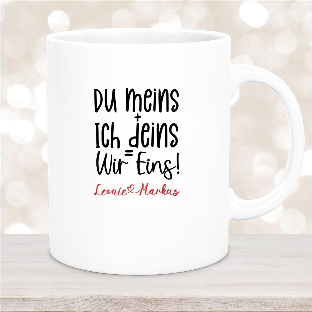 Tasse Liebe - Spruch "du meins, ich deins, wir eins" Valentinstag Wunschnamen Keramik personalisiert versch. Farben
