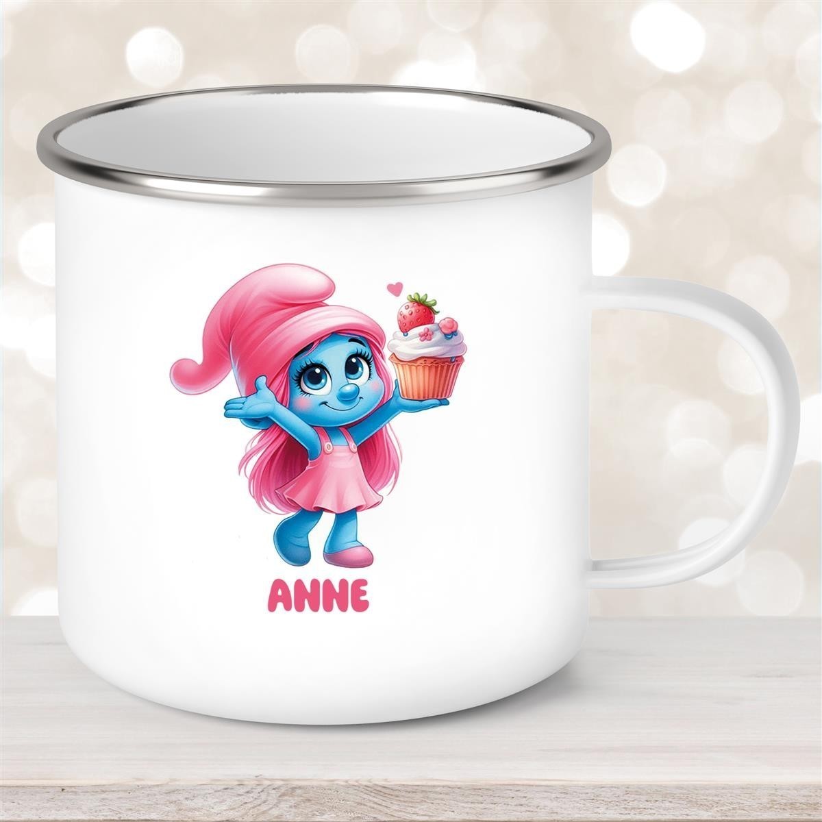 Tasse Kinder Schlumpf #2 mit Muffin Wunschname Emaille Kinderbecher personalisiert Tasse Kinder Schlumpf #2 mit Muffin Wunschname Emaille Kinderbecher personalisiert