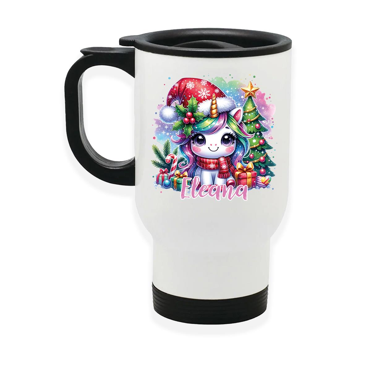 Edelstahl-Thermobecher mit Deckel Weihnachten Einhorn 1 personalisiert weiß