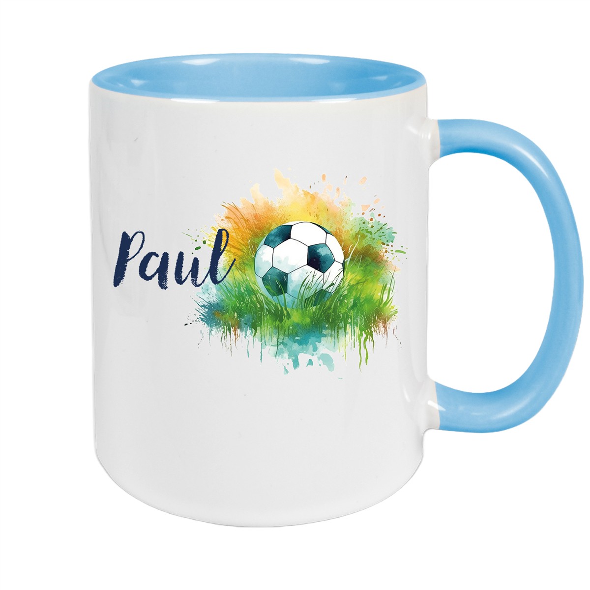 Tasse Fußball #5 Wunschname Keramik Kinderbecher personalisiert Hellblau