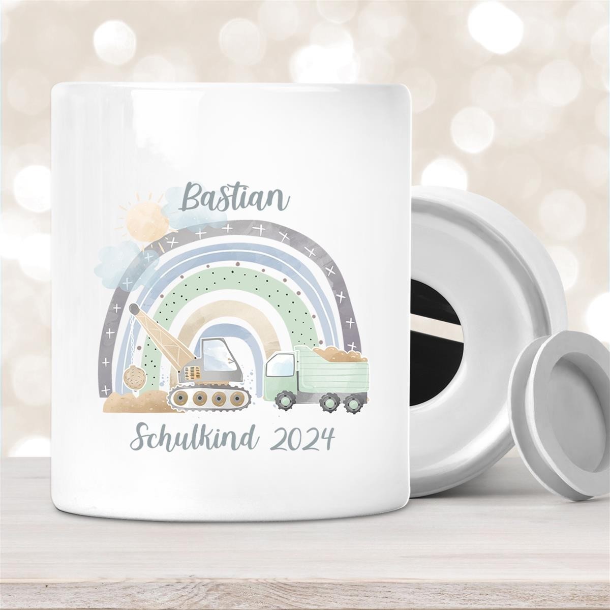 Spardose mit Wunschname Schulanfang #8 Regenbogen Baustelle personalisiert Spardose mit Wunschname Schulanfang #8 Regenbogen Baustelle personalisiert