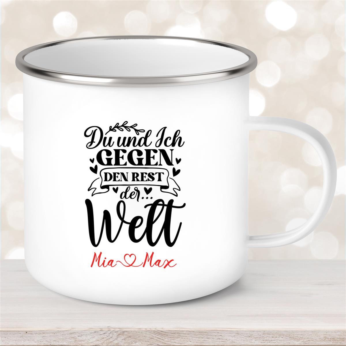 Tasse Liebe - Spruch "Du und Ich, gegen den Rest der Welt" Valentinstag Wunschnamen Emaille personalisiert