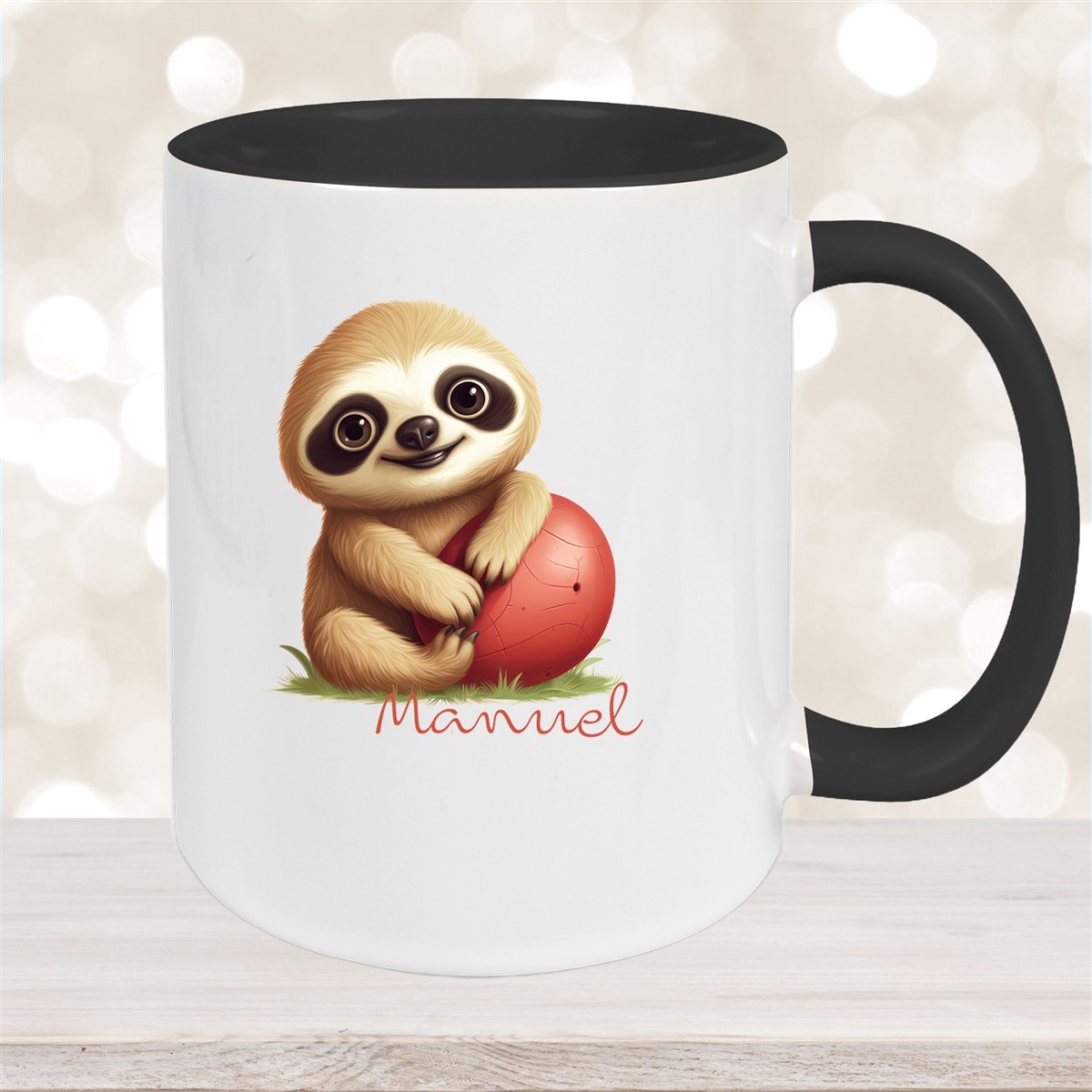 Tasse Wunschname Faultier-Ball Keramik Kinderbecher Personalisiert Schwarz