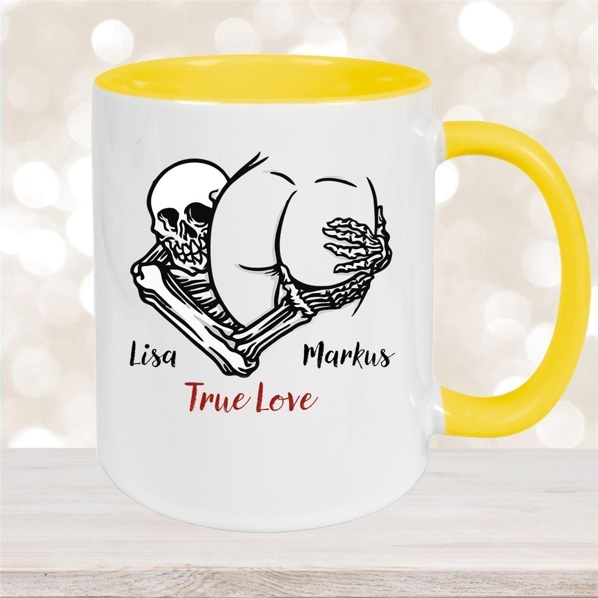 Tasse Totenkopf True Love Valentinstag 7 Wunschnamen Keramik personalisiert versch. Farben