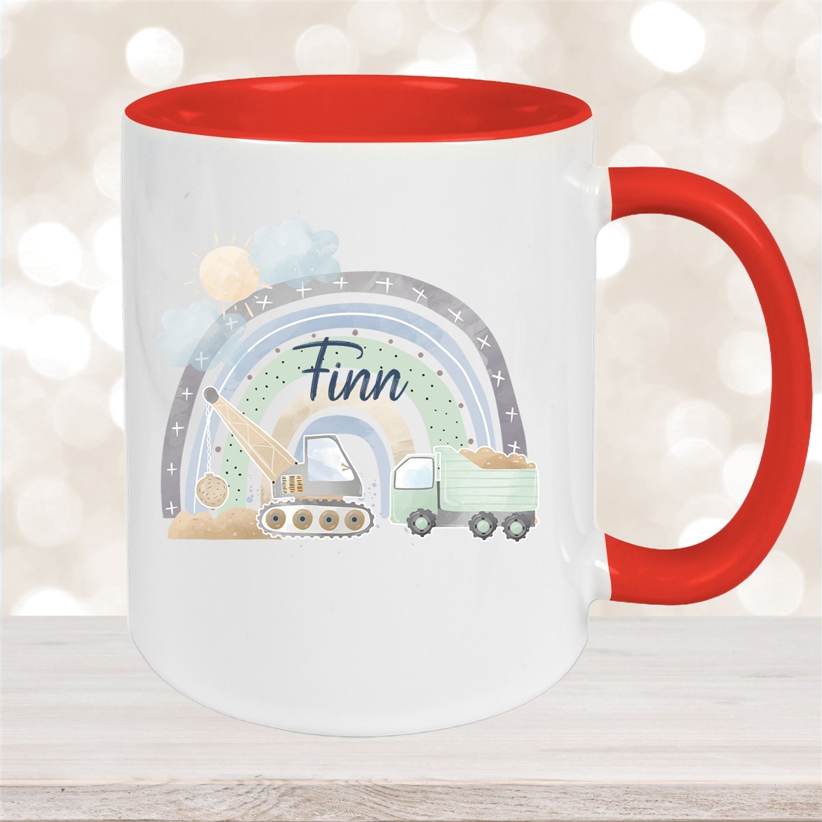 Tasse Wunschname Baustelle Regenbogen #1 Keramik Kinderbecher Rot