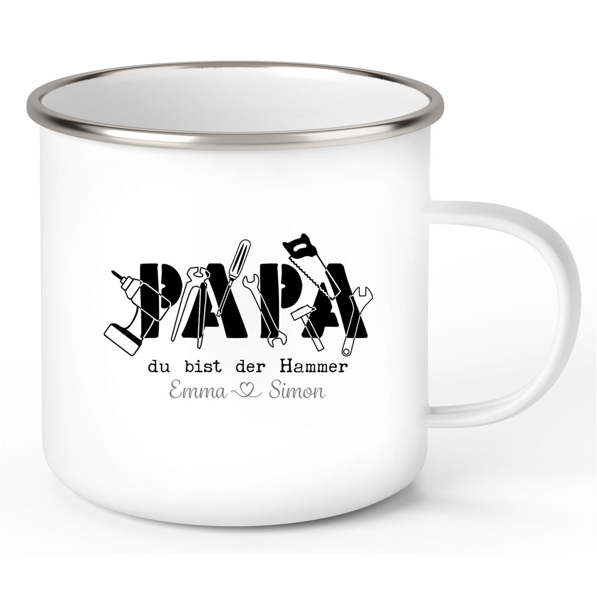 Tasse Vatertag 9 Papa "Du bist der Hammer" Wunschnamen Emaille Personalisiert