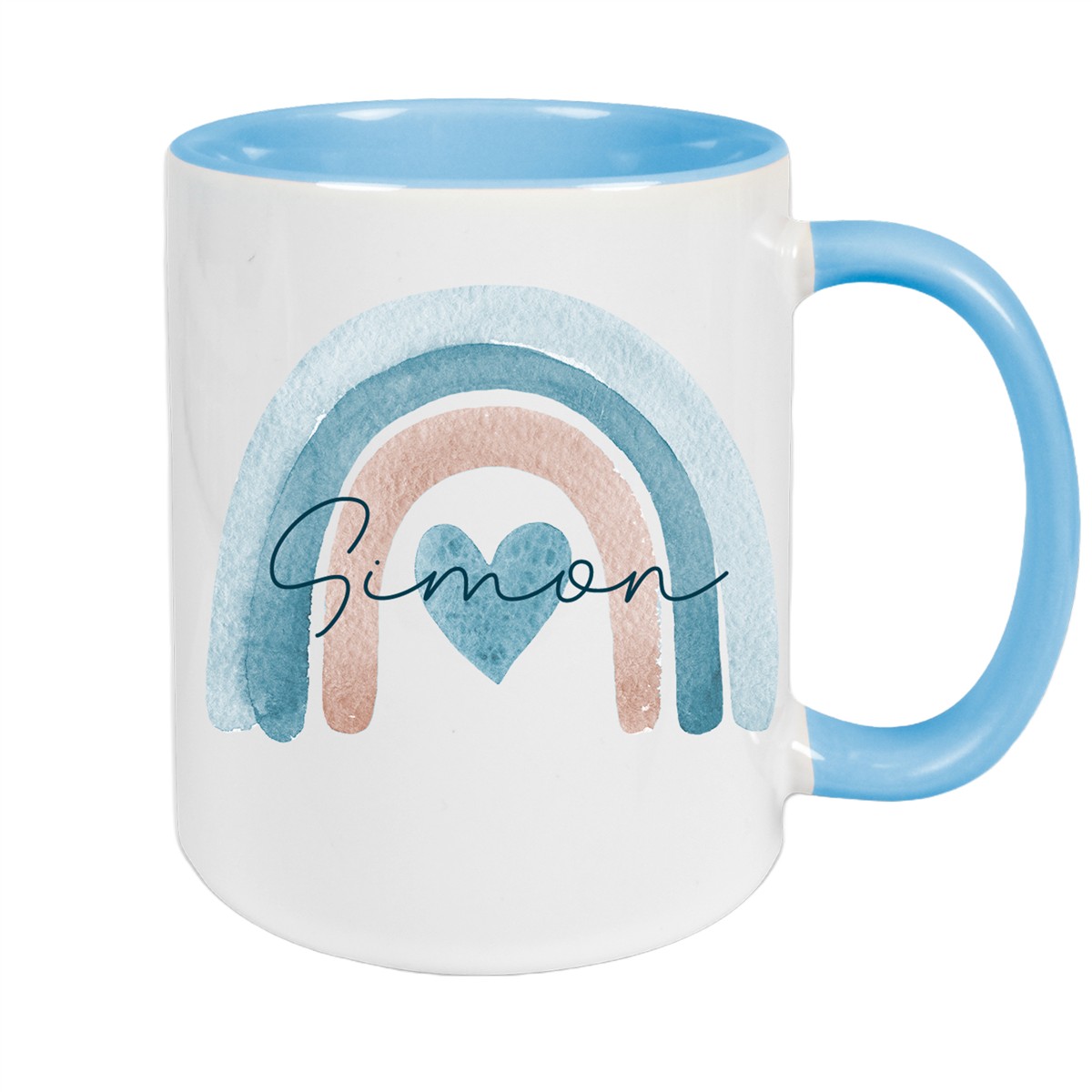 Tasse Wunschname Regenbogen #6 Keramik Kinderbecher Hellblau