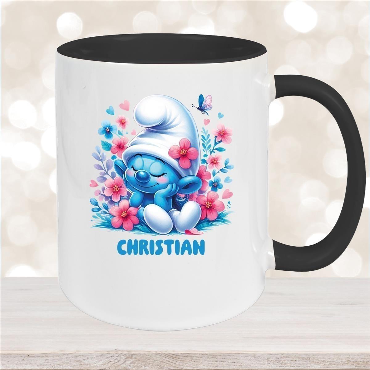 Tasse Kinder Schlumpf 1 mit Blumen Wunschname Keramik Kinderbecher personalisiert versch. Farben