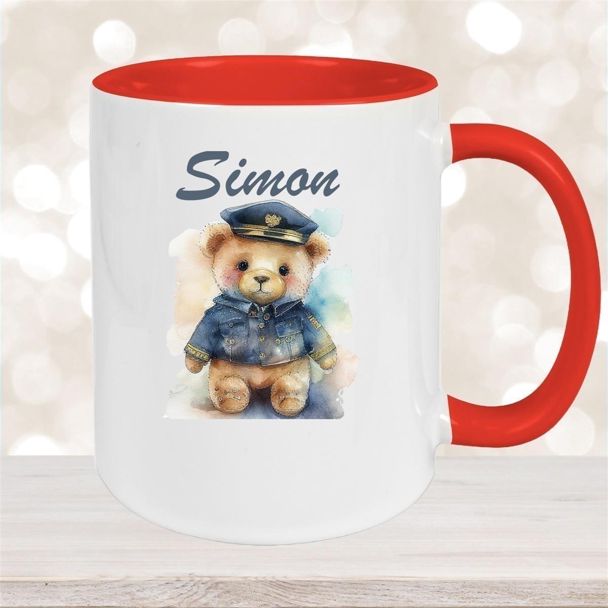 Tasse Polizei Teddy 1 Wunschname Keramik Kinderbecher personalisiert versch. Farben