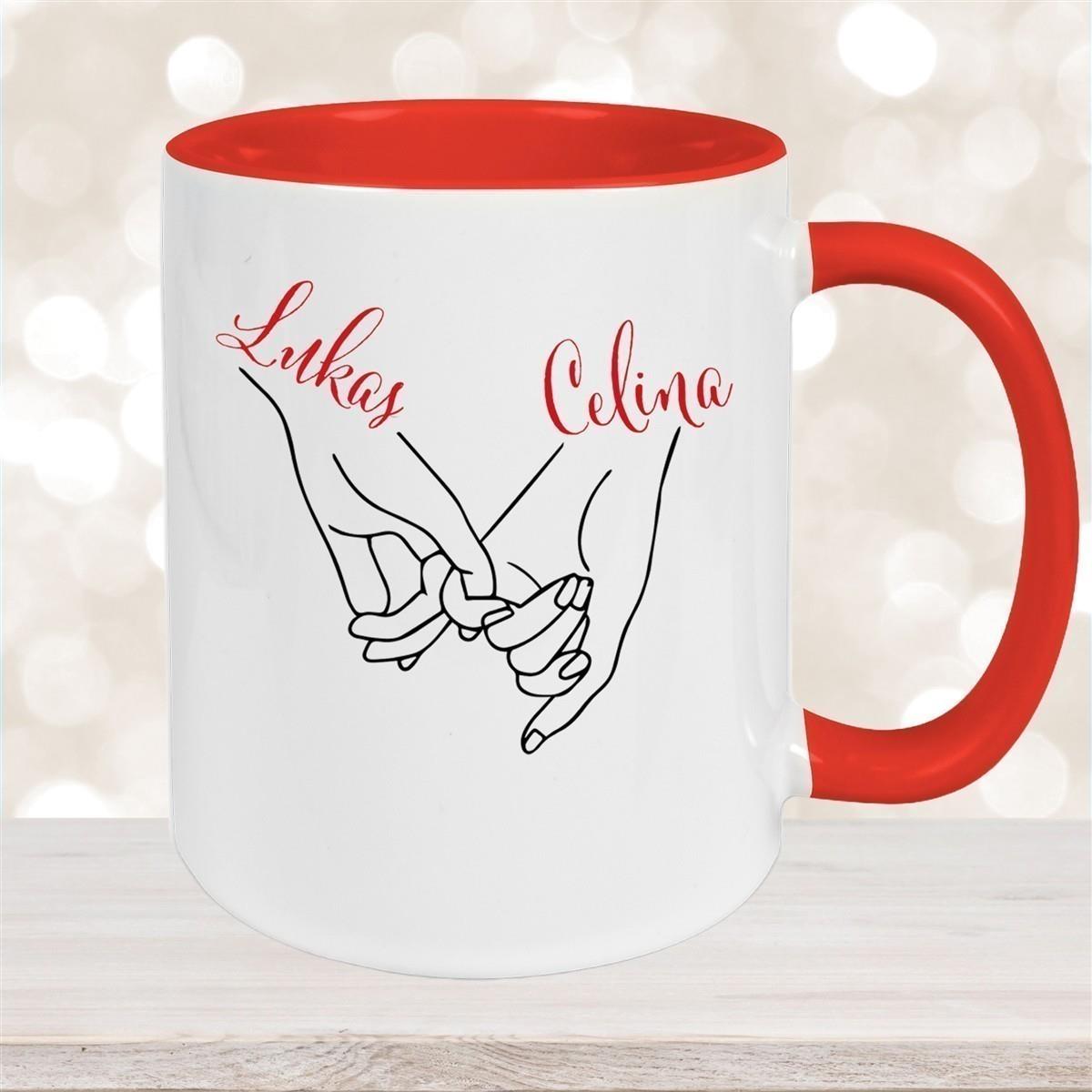 Tasse Hände Valentinstag 5 Wunschnamen Keramik personalisiert versch. Farben