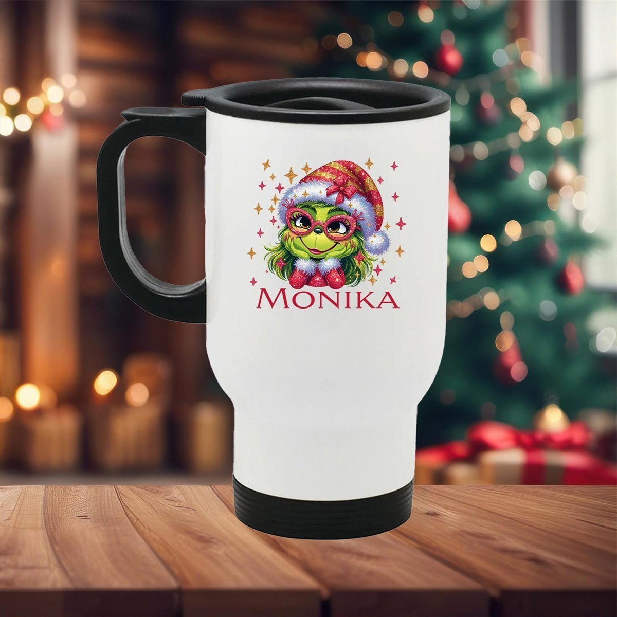 Edelstahl-Thermobecher mit Deckel Weihnachten Lady-Grinch 1# personalisiert weiß