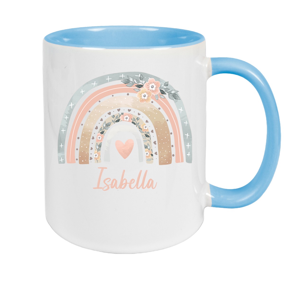Tasse Wunschname Regenbogen #7 Keramik Kinderbecher Hellblau