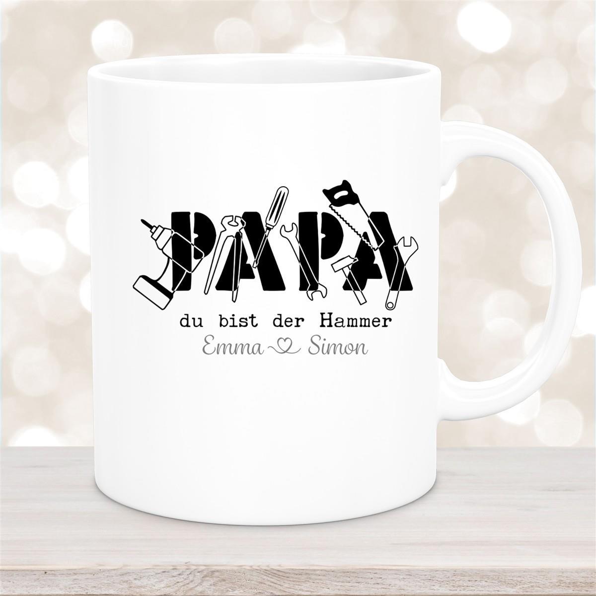 Tasse Vatertag 9 Papa, "Du bist der Hammer" Wunschnamen Keramik Personalisiert versch. Farben