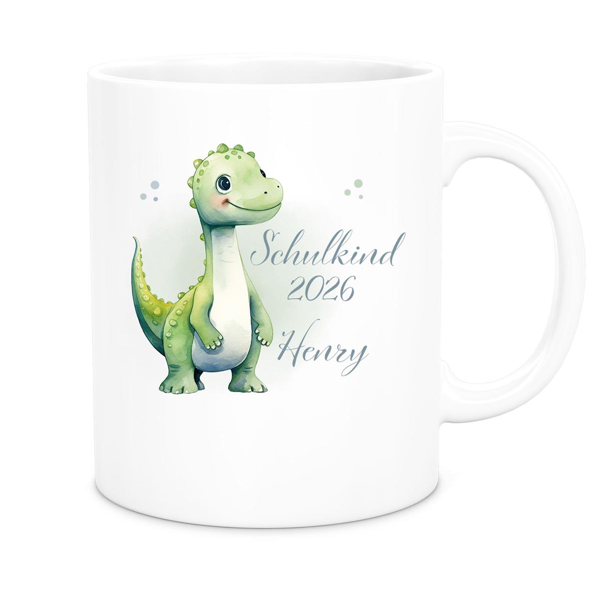 Tasse Schulkind 4 Wunschname Dino1 Keramik Kinderbecher Personalisiert versch. Farben