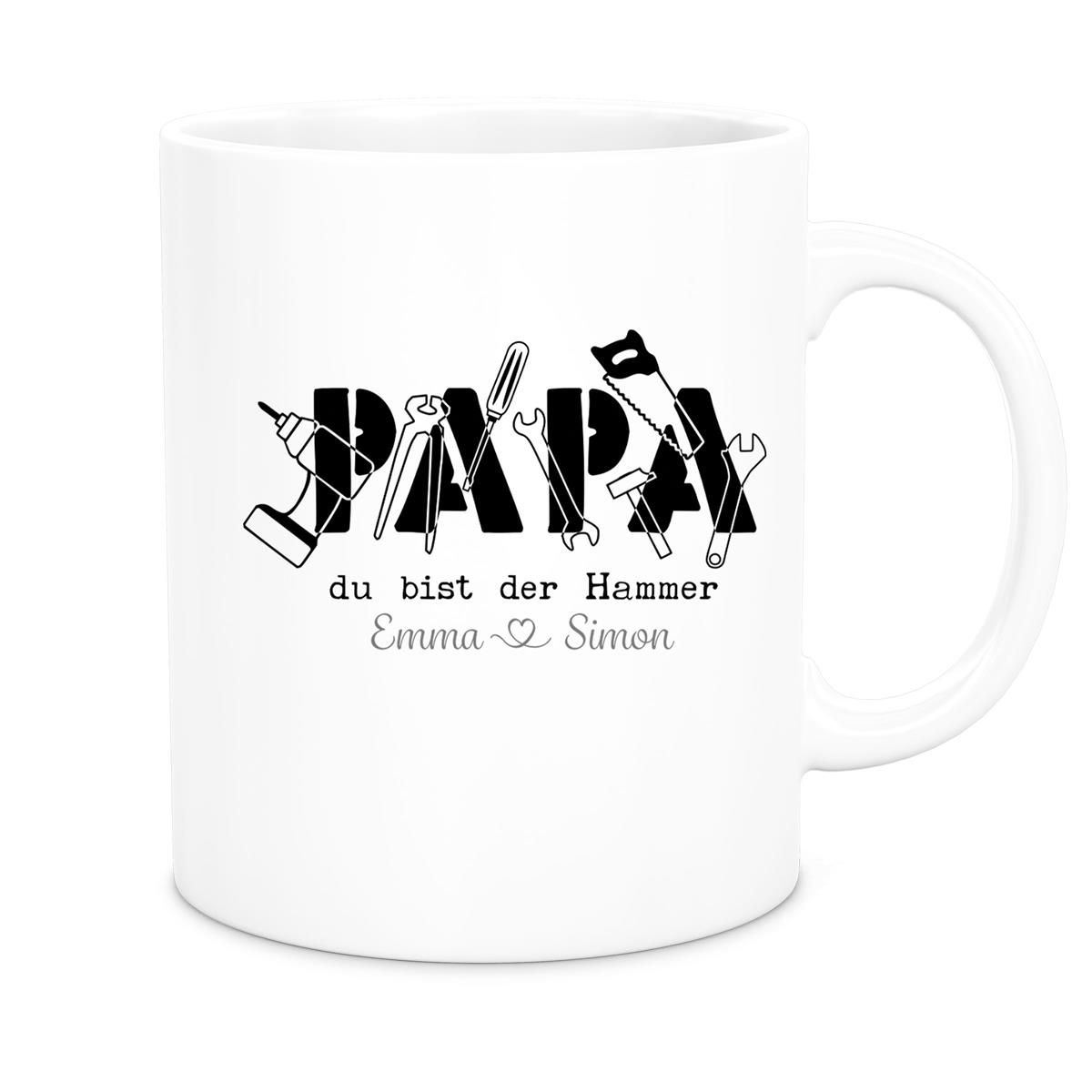Tasse Vatertag 9 Papa, "Du bist der Hammer" Wunschnamen Keramik Personalisiert versch. Farben