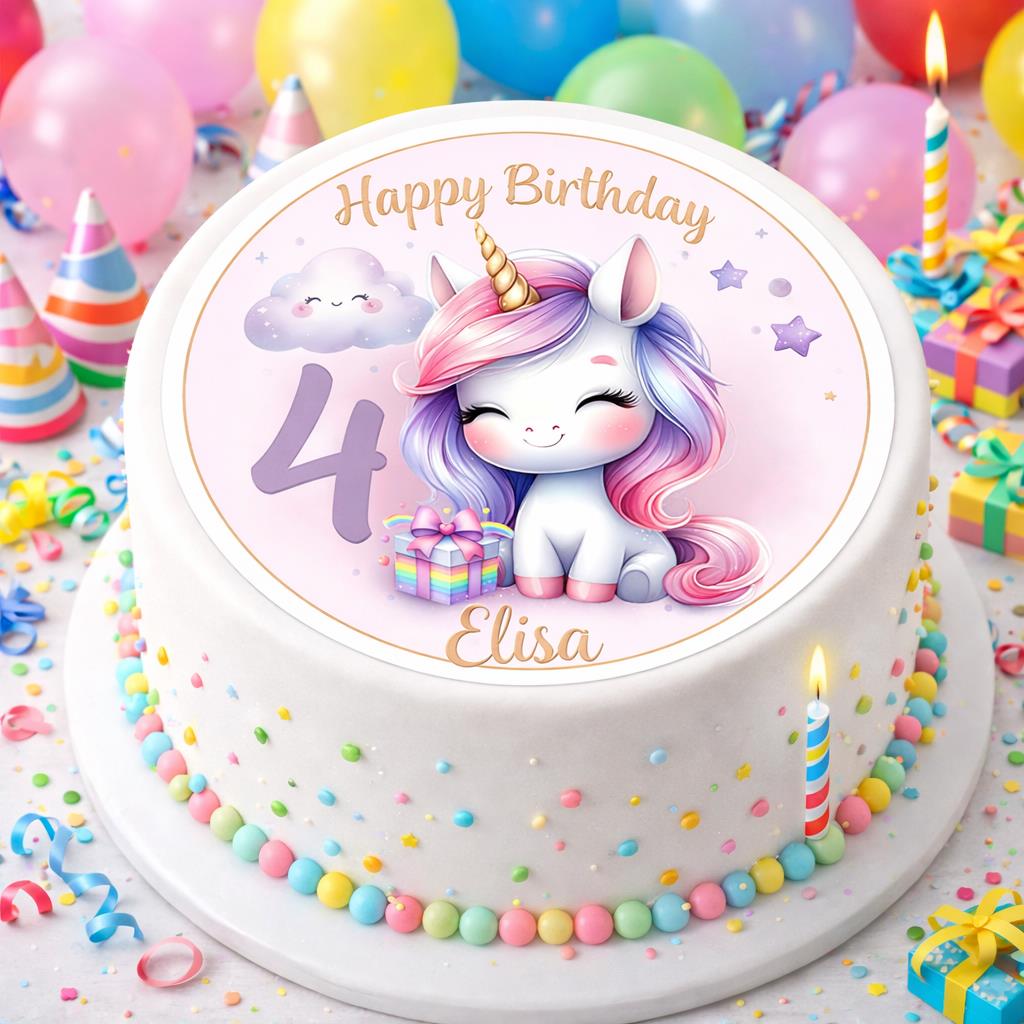 Tortenaufleger Geburtstag Einhorn 6 Name & Zahl (20cm) Fondant Papier