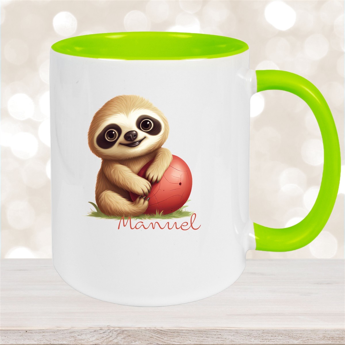 Tasse Wunschname Faultier-Ball Keramik Kinderbecher Personalisiert Grün