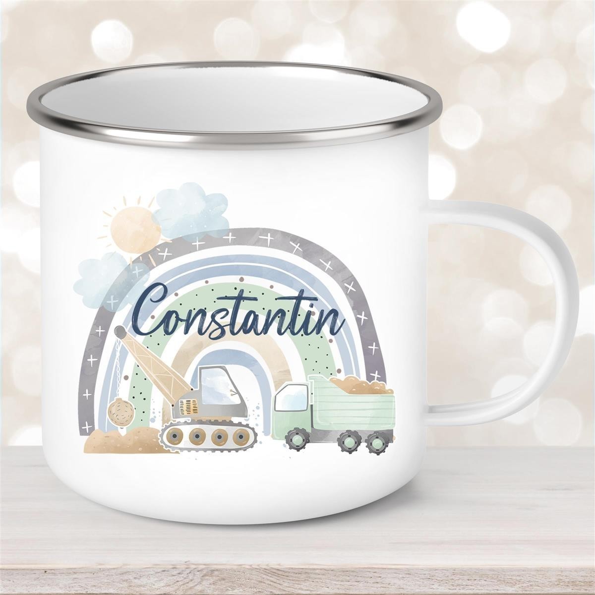 Tasse Wunschname Baustelle Regenbogen #1 Emaille Kinderbecher Tasse Wunschname Baustelle Regenbogen #1 Emaille Kinderbecher