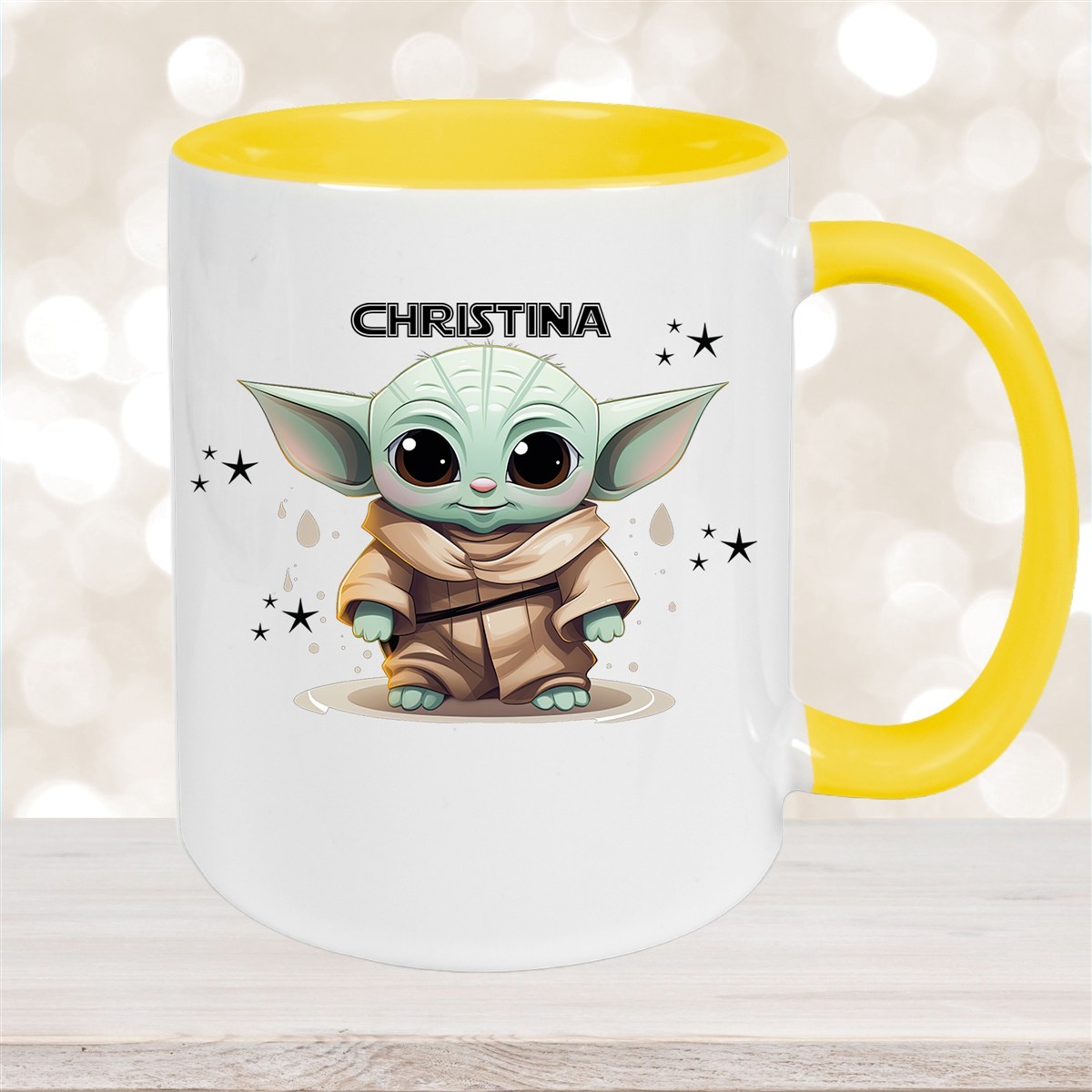 Tasse Wunschname Baby-Yoda #3 Keramik Kinderbecher personalisiert versch. Farben Gelb