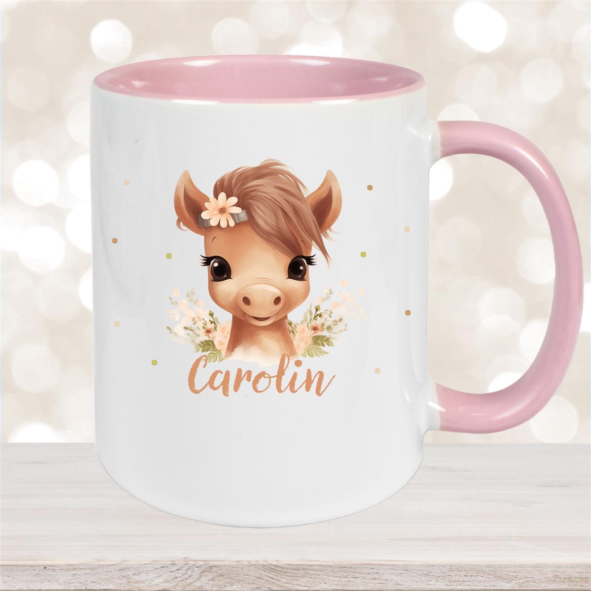 Tasse Pferd #6 Wunschname Keramik Kinderbecher personalisiert Altrosa
