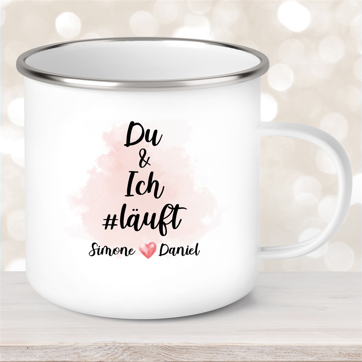 Tasse Spruch "Du & Ich Läuft" Valentinstag #8 Wunschnamen Emaille personalisiert 