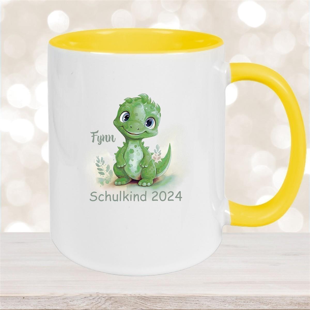 Tasse Schulkind 11 Wunschname Dino 2 Keramik Kinderbecher Personalisiert versch. Farben