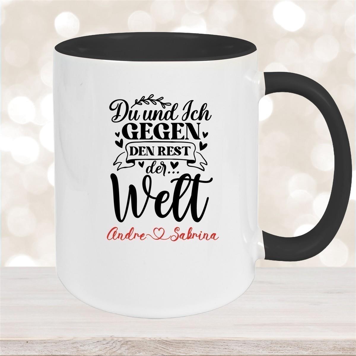 Tasse Liebe - Spruch "Du und Ich, gegen den Rest der Welt" Valentinstag Wunschnamen Keramik personalisiert versch. Farben