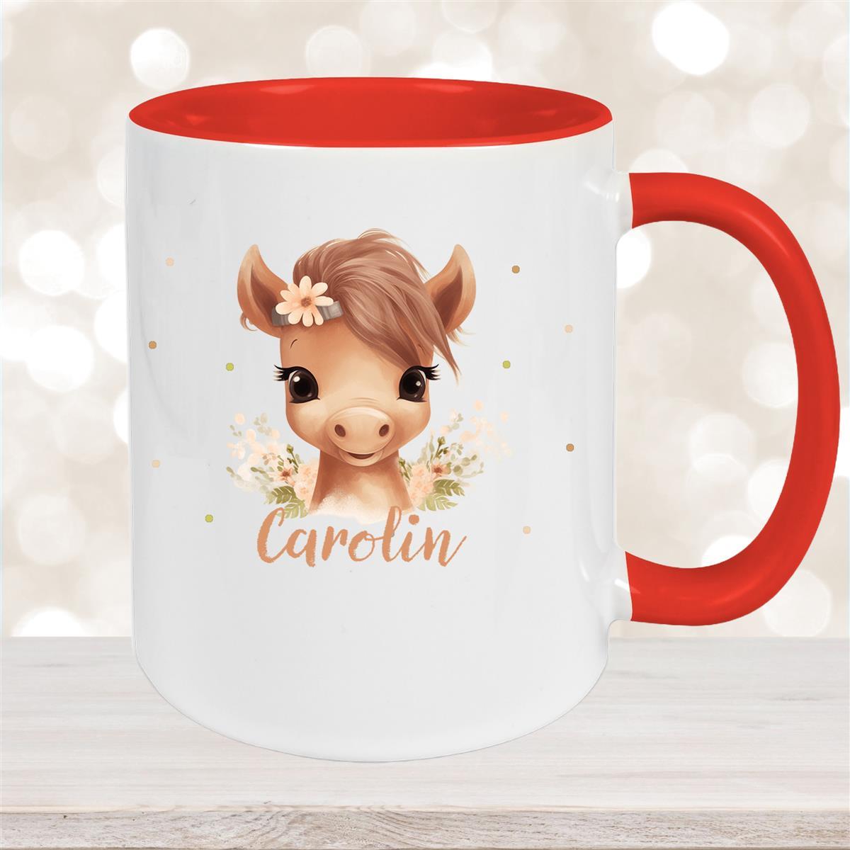 Tasse Pferd #6 Wunschname Keramik Kinderbecher personalisiert Rot