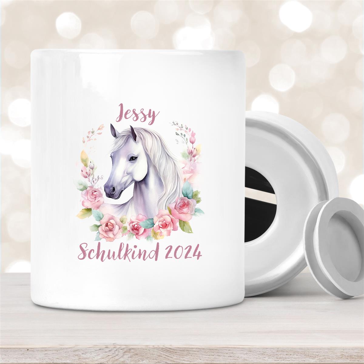 Spardose mit Wunschname Schulanfang #14 Pferd personalisiert