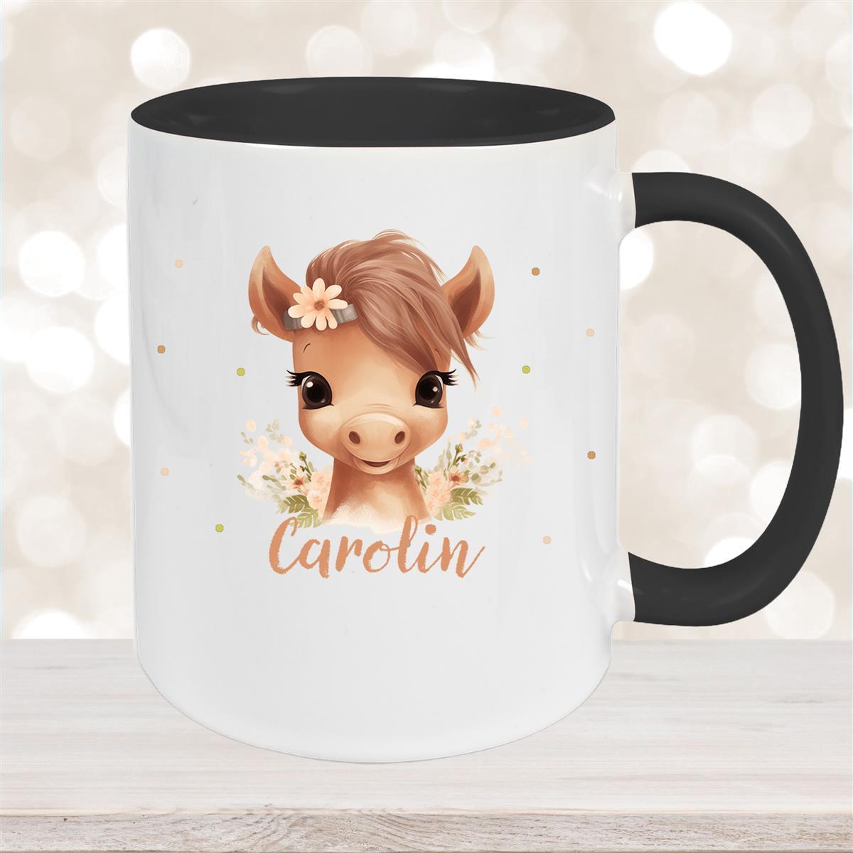 Tasse Pferd #6 Wunschname Keramik Kinderbecher personalisiert Schwarz