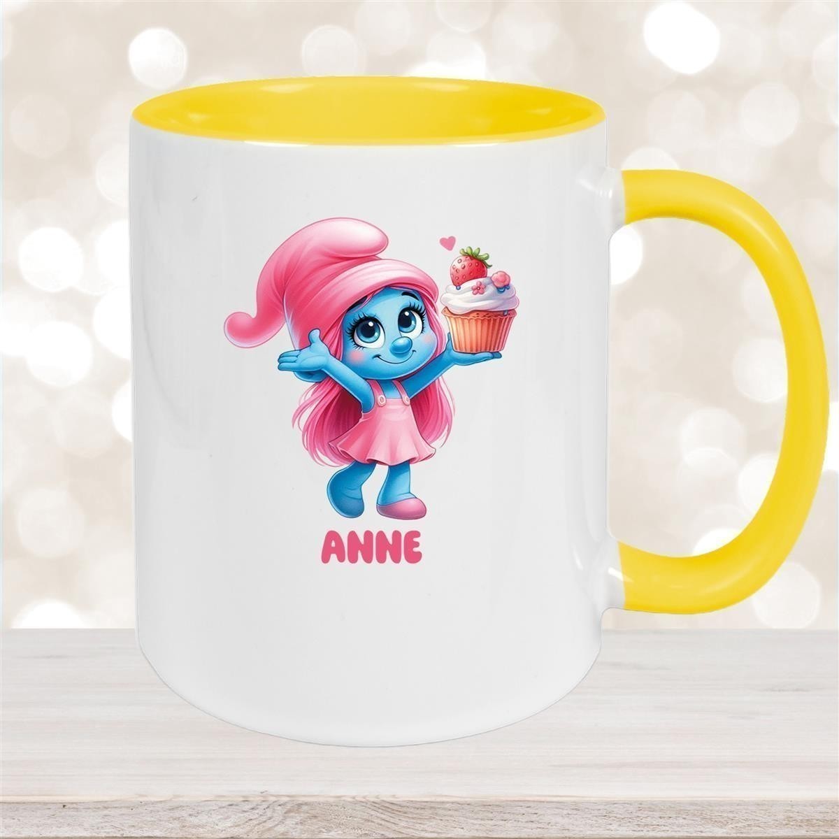 Tasse Kinder Schlumpf #2 mit Muffin Wunschname Keramik Kinderbecher personalisiert versch. Farben