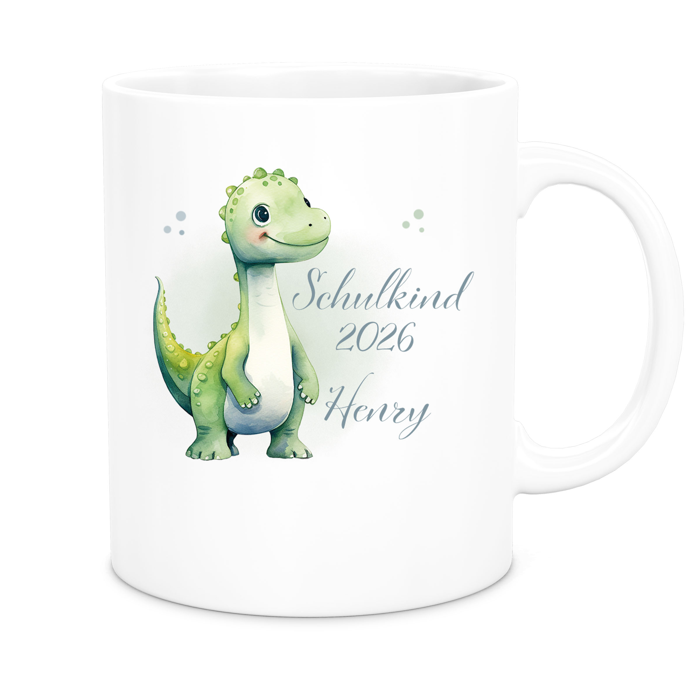 Tasse Schulkind 4 Wunschname Dino1 Keramik Kinderbecher Personalisiert versch. Farben