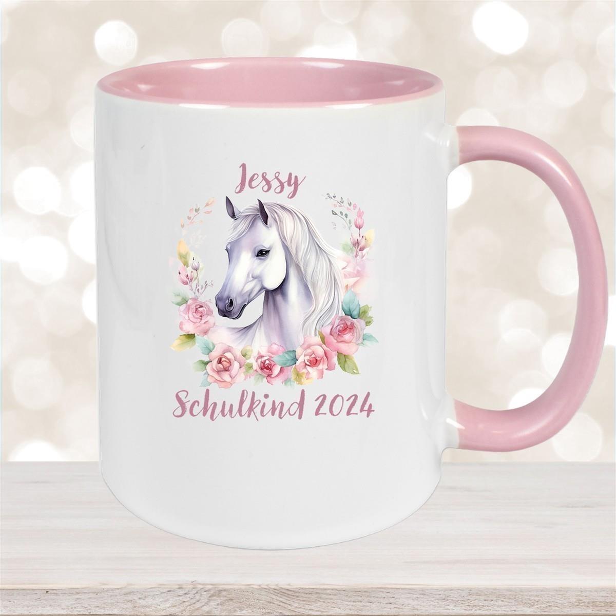 Tasse Schulkind 14 Wunschname Pferd1 Keramik Kinderbecher Personalisiert versch. Farben