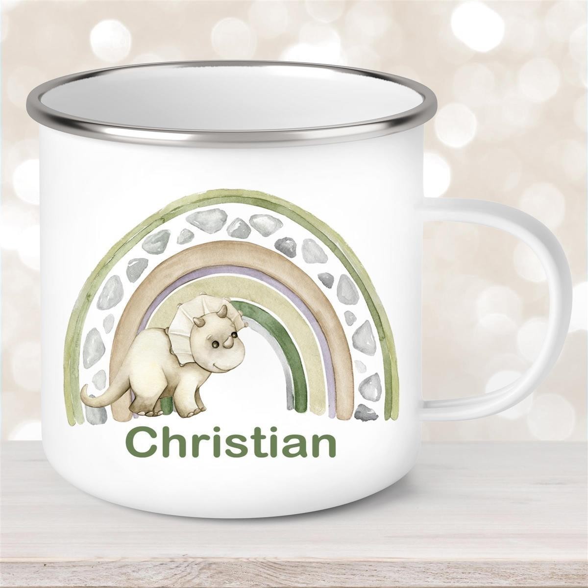 Tasse Wunschname Regenbogen-Dino Emaille Kinderbecher Tasse Wunschname Regenbogen-Dino Emaille Kinderbecher