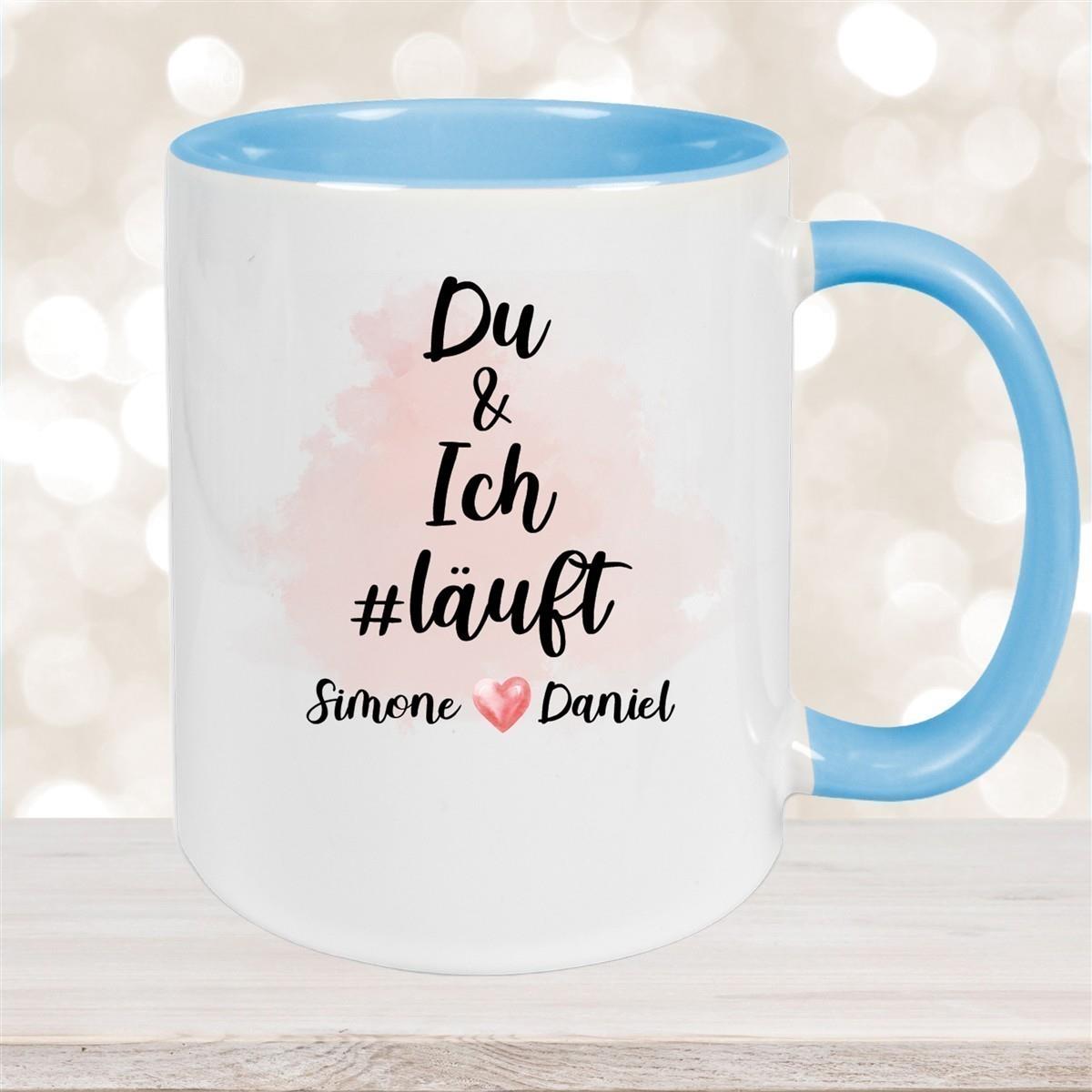 Tasse Spruch "Du & Ich Läuft" Valentinstag 8 Wunschnamen Keramik personalisiert versch. Farben
