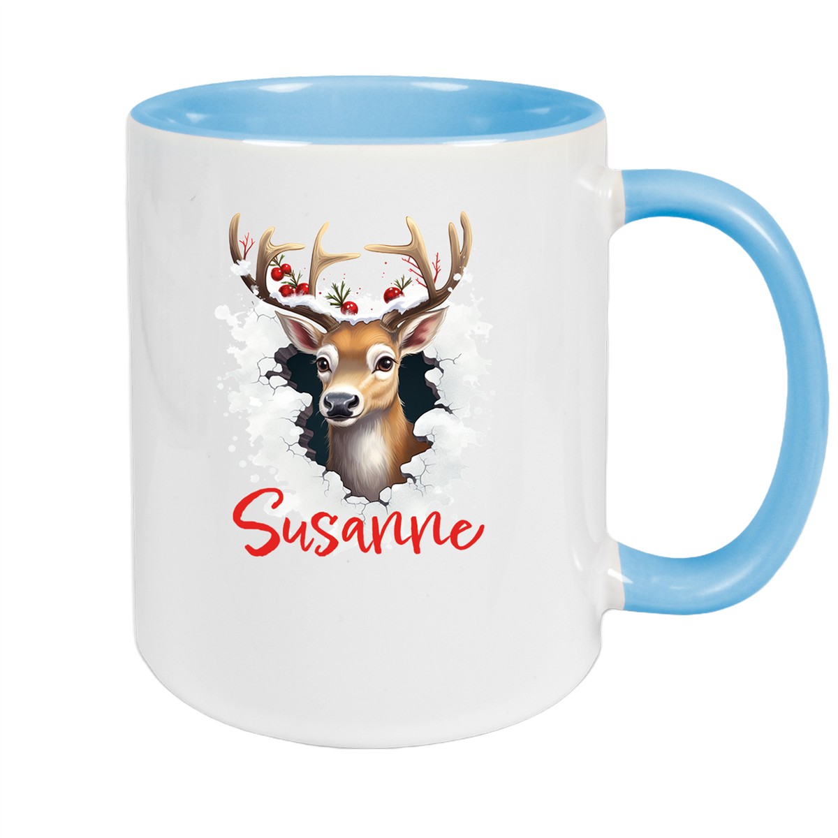 Tasse Wunschname Christmas Rentier #2 Keramik Kinderbecher Hellblau