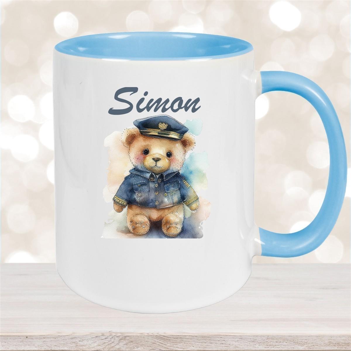 Tasse Polizei Teddy 1 Wunschname Keramik Kinderbecher personalisiert versch. Farben