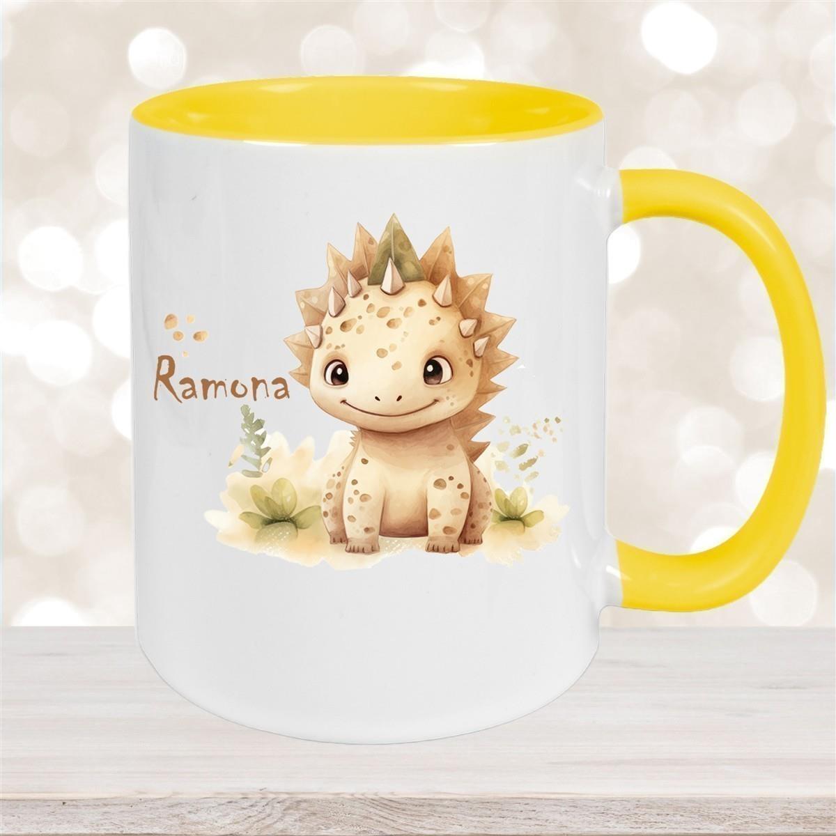 Tasse Wunschname Dino 2 Keramik Kinderbecher versch. Farben