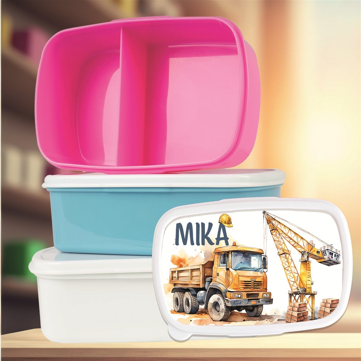 Brotdose mit Namen Baufahrzeuge #01 – Personalisierte Lunchbox für Schule & Kindergarten versch. Farben Brotdose mit Namen Baufahrzeuge #01 – Personalisierte Lunchbox für Schule & Kindergarten Weiß