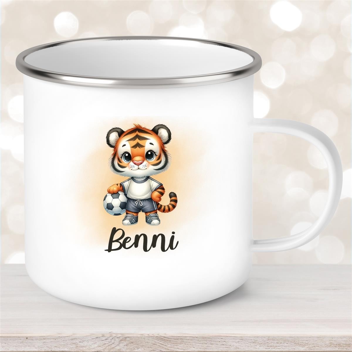 Tasse Fußball #16 Wunschname Emaille Kinderbecher personalisiert
