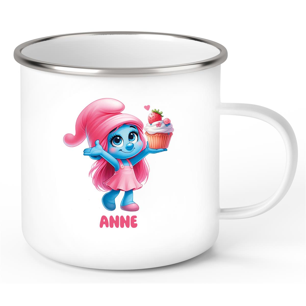 Tasse Kinder Schlumpf 2 mit Muffin Wunschname Emaille Kinderbecher personalisiert