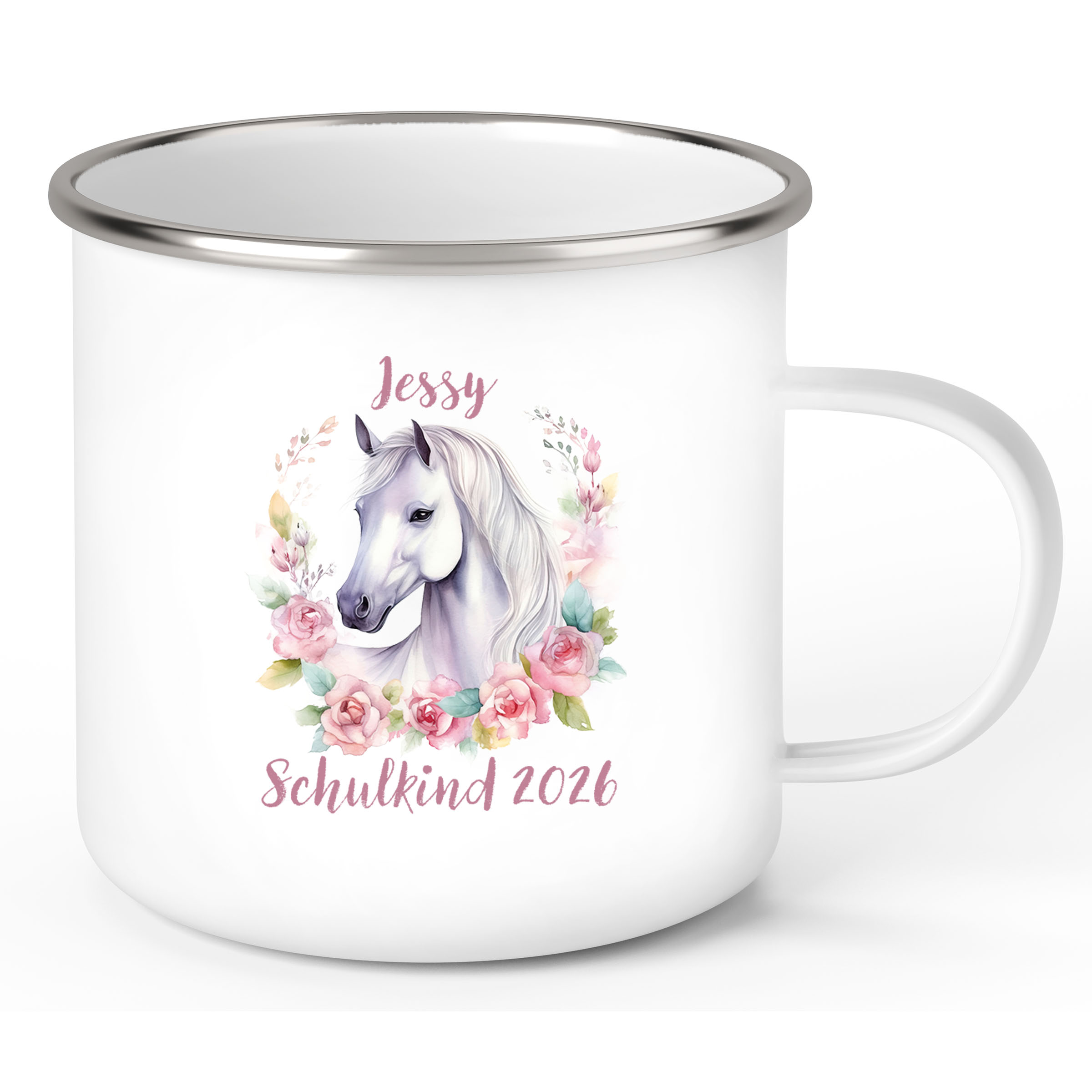 Tasse Schulkind 14 Wunschname Pferd1 Emaille Kinderbecher Personalisiert