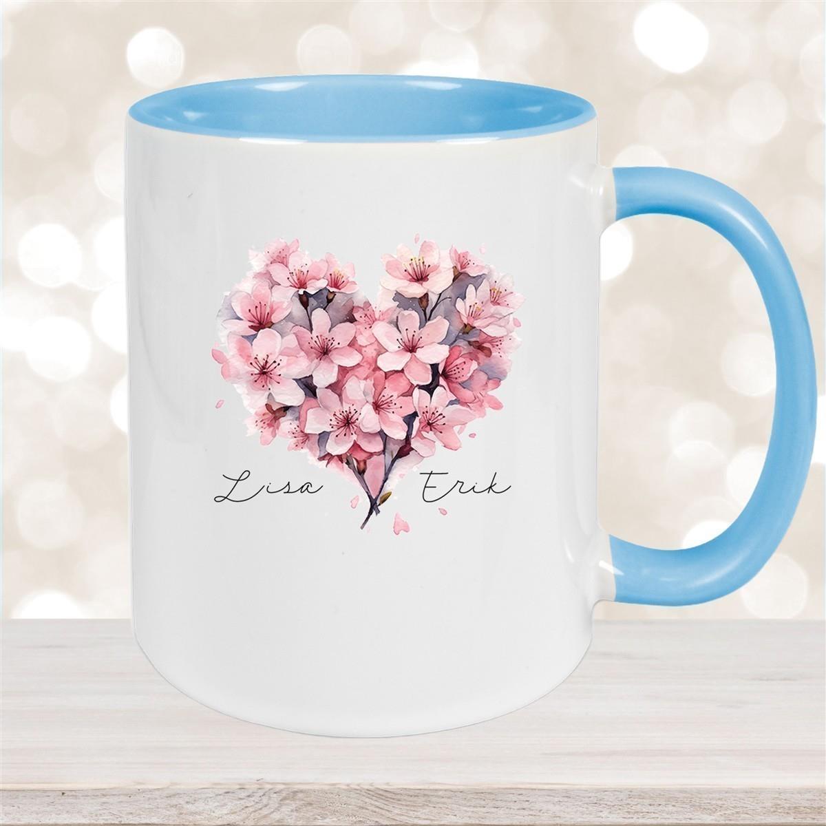 Tasse Liebe - Kirschblüten-Herz Valentinstag Wunschnamen Keramik personalisiert versch. Farben