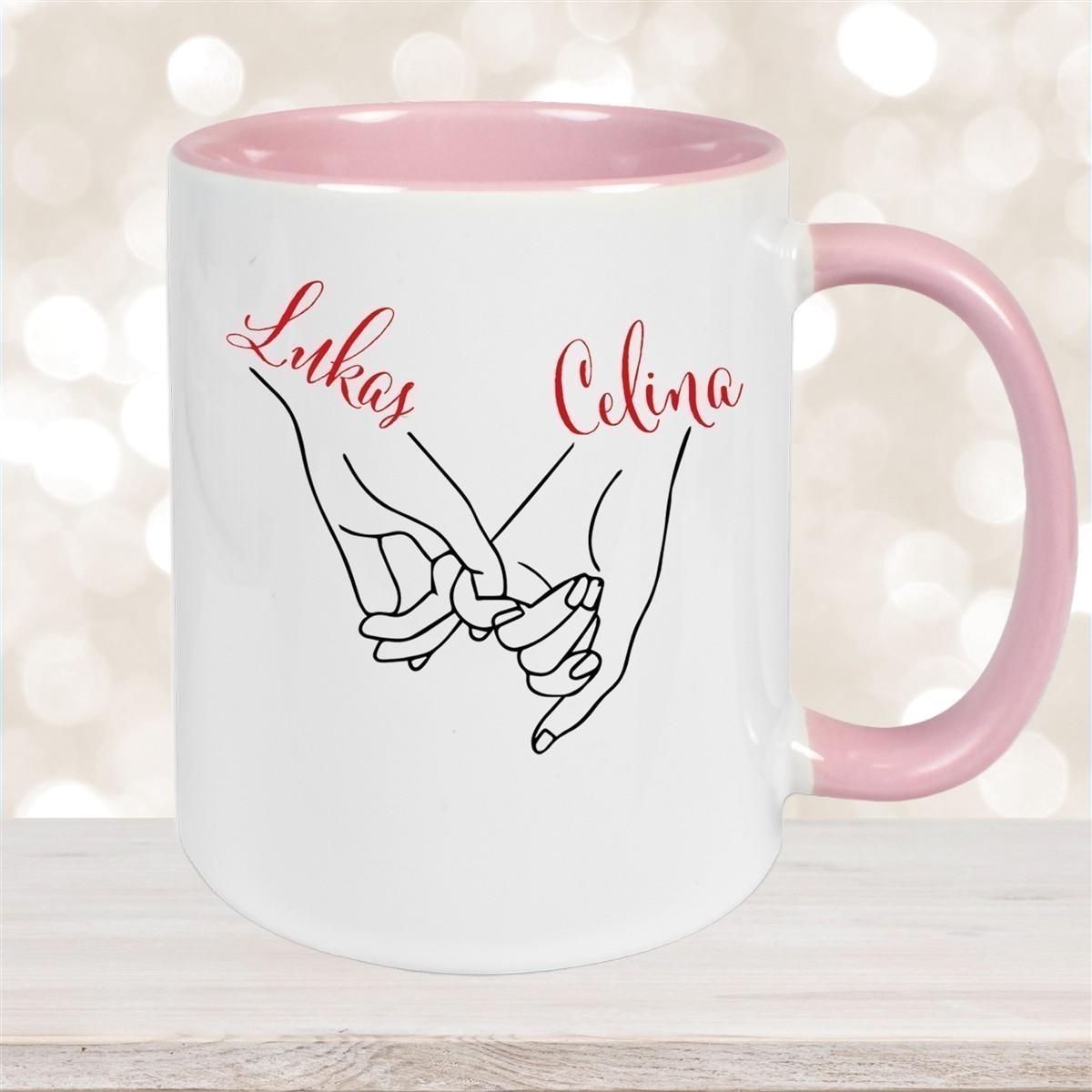 Tasse Hände Valentinstag 5 Wunschnamen Keramik personalisiert versch. Farben