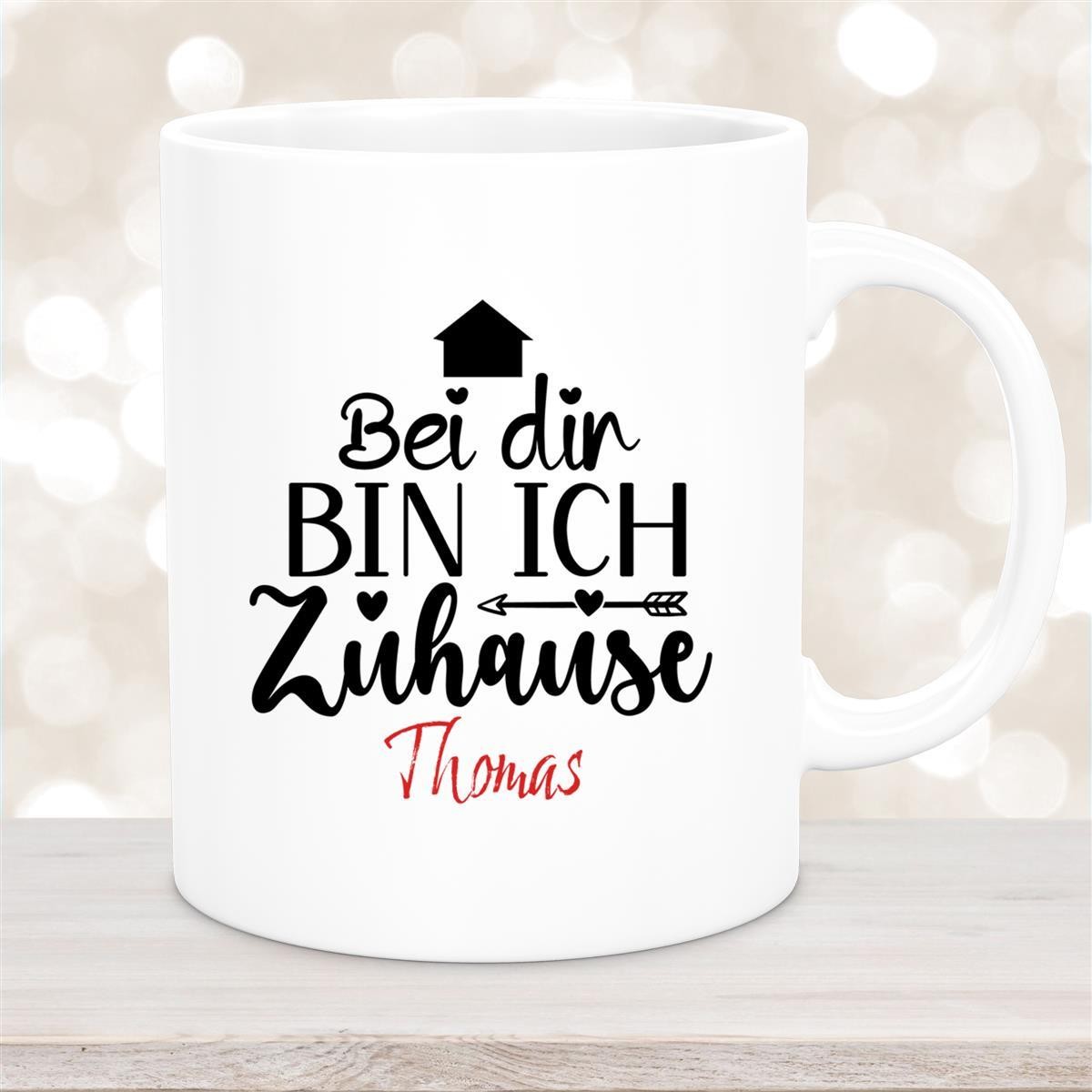 Tasse Liebe -  Spruch "Bei dir bin ich zu Hause" Valentinstag Wunschnamen Keramik personalisiert Weiß