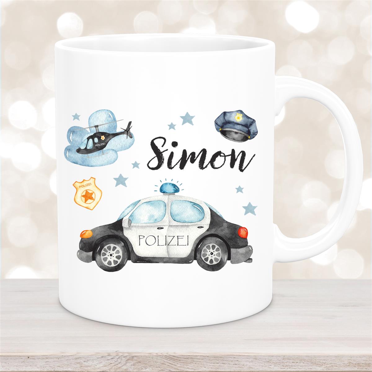 Tasse Polizei #3 Wunschname Keramik Kinderbecher personalisiert Weiß