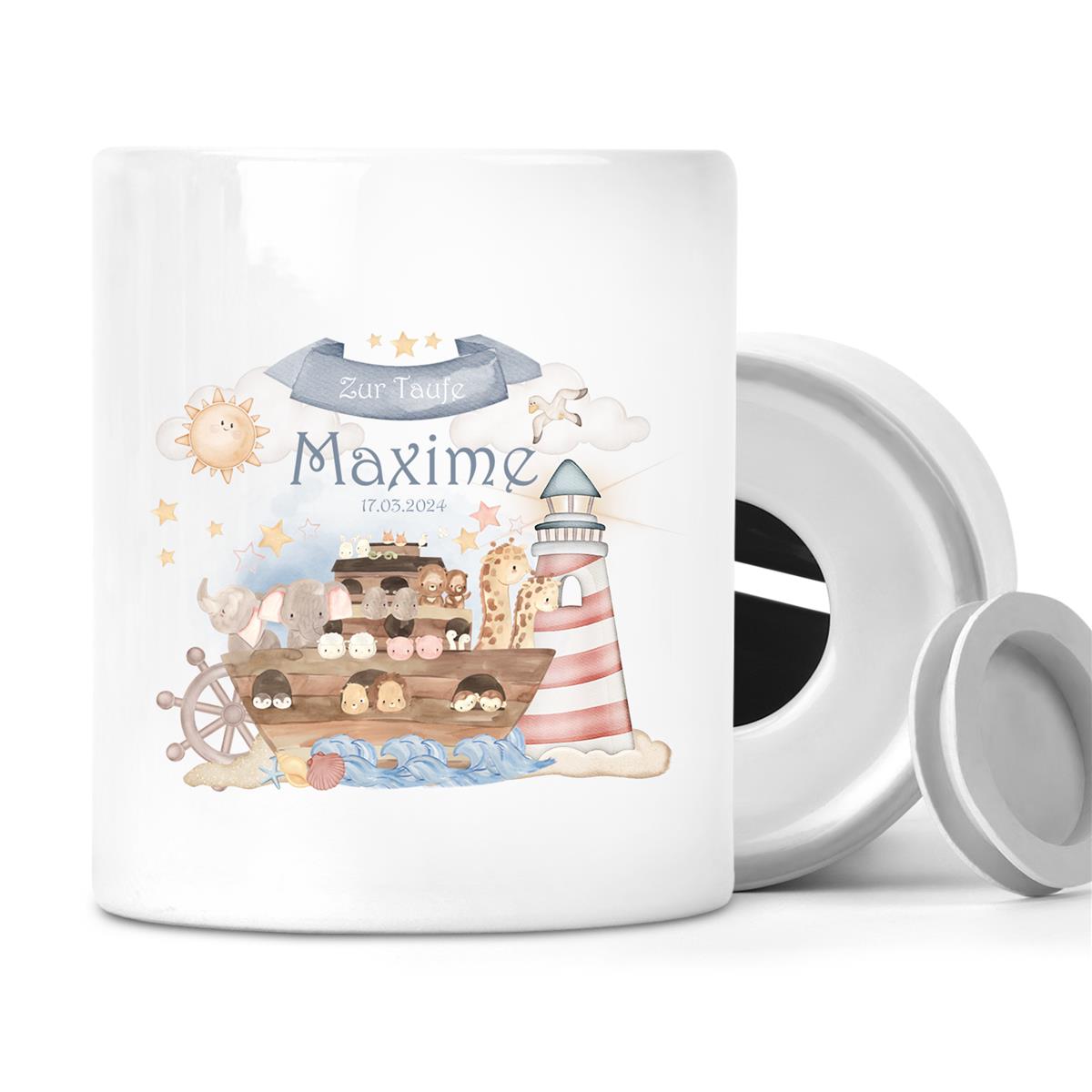 Spardose mit Wunschname Taufe Arche-Noah 1 personalisiert
