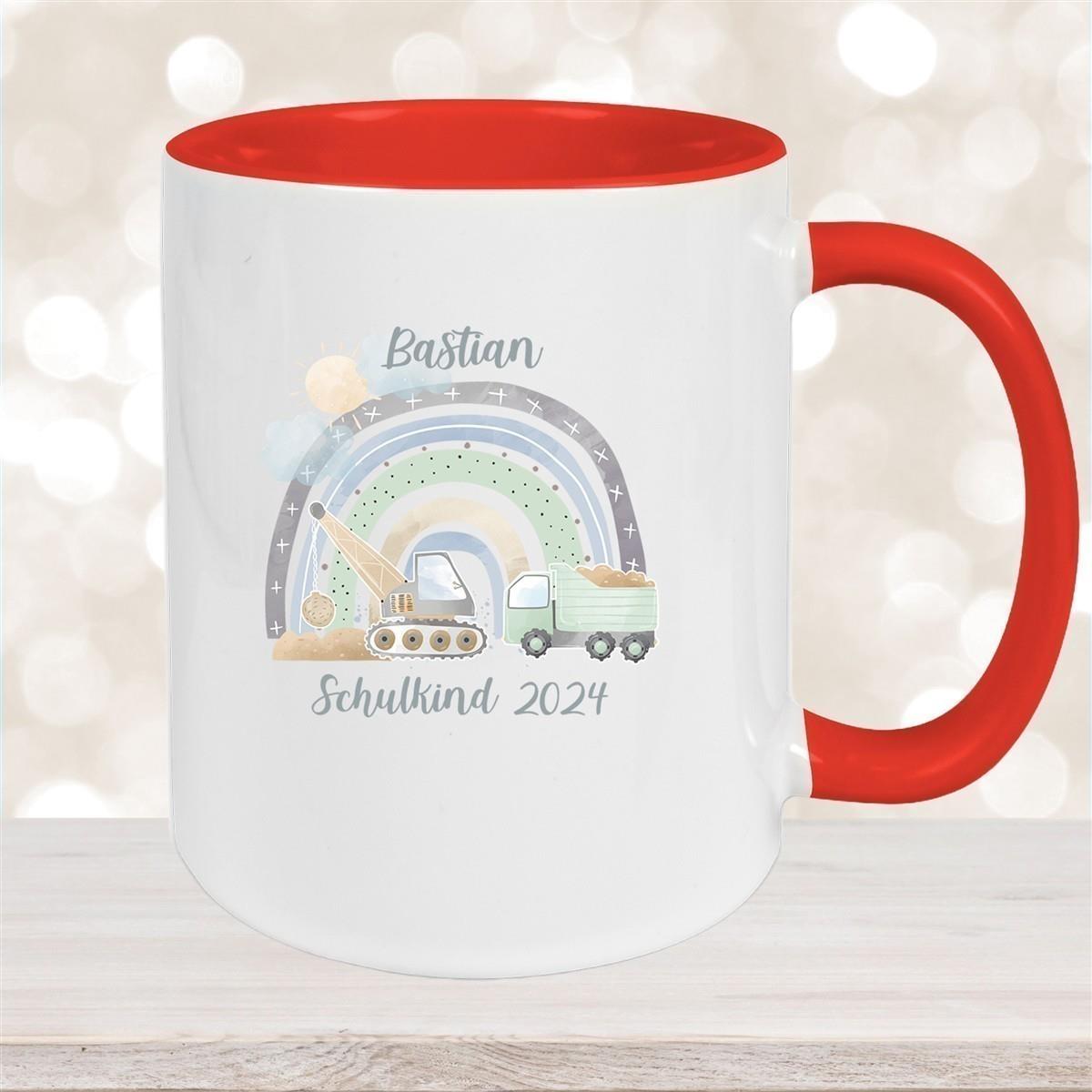 Tasse Schulkind 08 Wunschname Rainbow Baustelle Keramik Kinderbecher Personalisiert versch. Farben