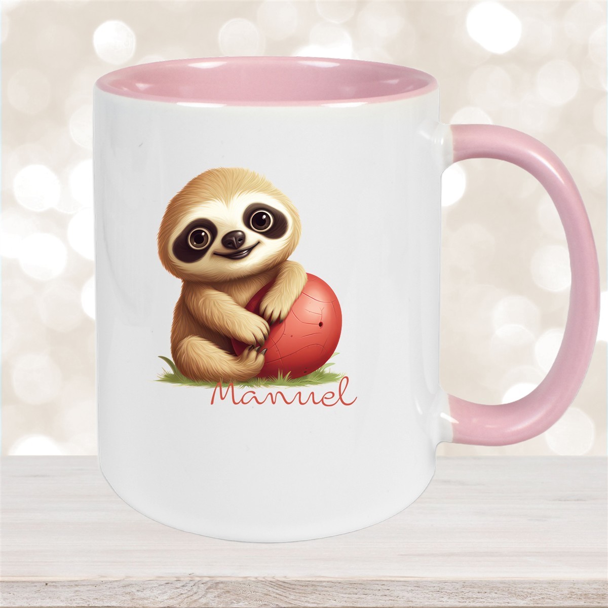 Tasse Wunschname Faultier-Ball Keramik Kinderbecher Personalisiert Altrosa